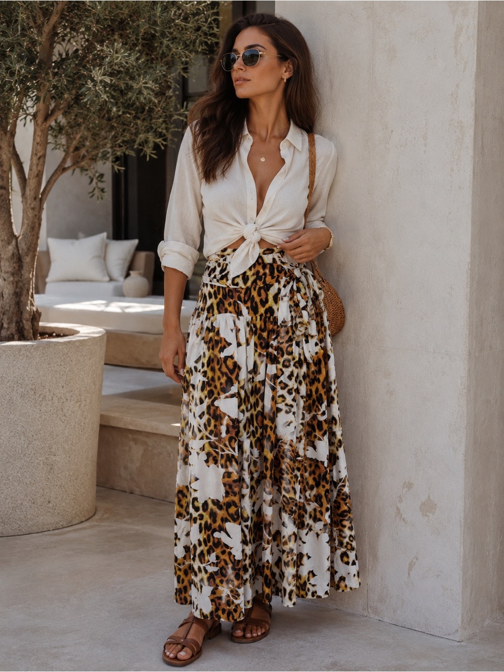 Boston Proper Size 4 Leopard Floral Wrap Maxi Skirt Boho